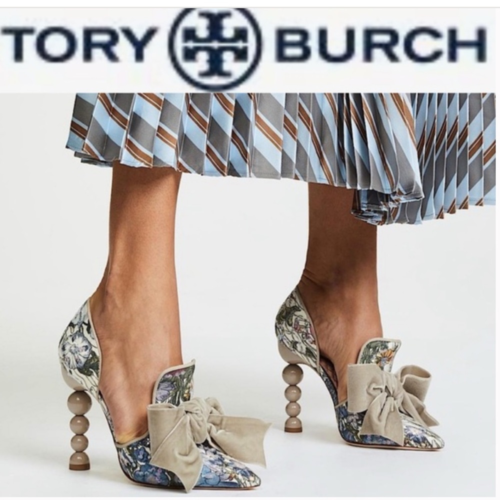 TORY BURCH CLARA D’ORSAY SEQUIN BOW PUMPS IN TAUPE MELODY FLORAL **RARE**